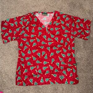 Festive Red Christmas Tree Scrub Top